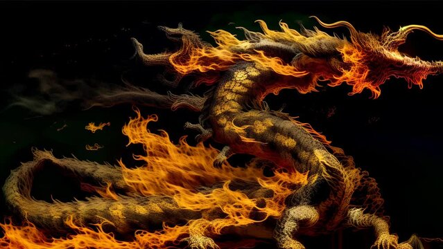 powerful dragon embodying flames and heat is set against a dark background.