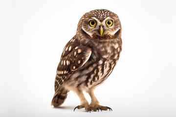 Obraz premium Little Owl standing on a white background. Animal side portrait.