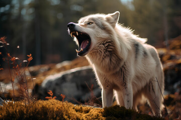 Obraz premium In the fading wilderness, a lone wolf's howl resonates, a poignant search for a mate.