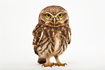 Fototapeta premium Little Owl standing on a white background. Animal front portrait.