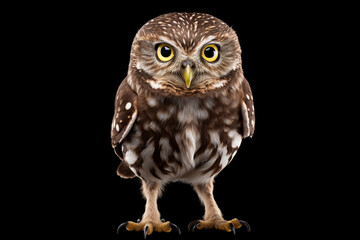 Little Owl standing on a black background. Animal front portrait.