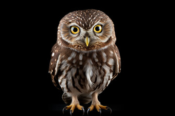Obraz premium Little Owl standing on a black background. Animal front portrait.