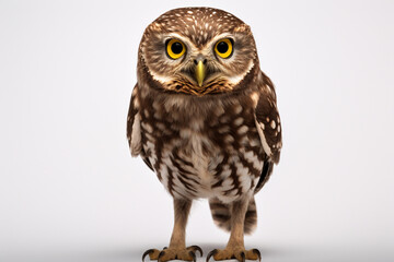 Fototapeta premium Little Owl standing on a white background. Animal front portrait.