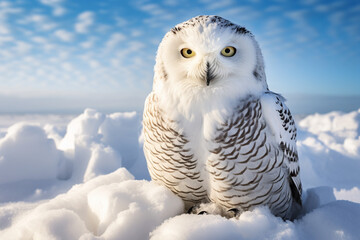 Snowy owl resting on snow, close-up portrait in a snow-covered landscape.