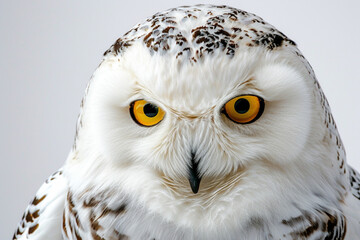 Obraz premium Snowy Owl close-up portrait on a white background. Adorable bird studio photography