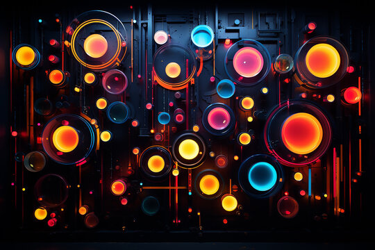 colourful neon color circles geometric shape on dark background, desktop wallpaper 