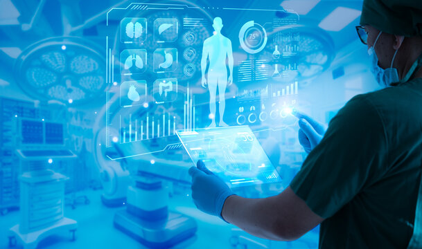 Doctor work with tablet computer,digital healthcare technology,system analysis network connection hologram virtual screen interface,online medical examination analysis report,surgical operation room