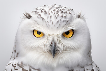 Snowy Owl close-up portrait on a white background.