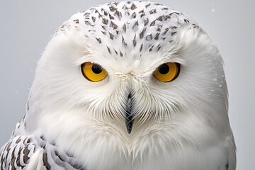 Obraz premium Snowy Owl close-up portrait on a white background. Adorable bird studio photography