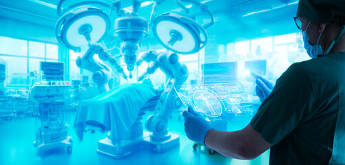Doctor work with tablet computer,digital healthcare technology,system analysis network connection...