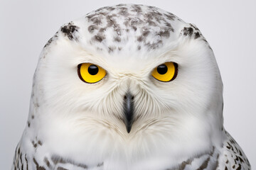Obraz premium Snowy Owl close-up portrait on a white background. Adorable bird studio photography