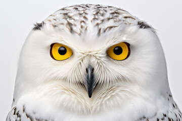 Snowy Owl close-up portrait on a white background.