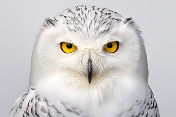 Snowy Owl close-up portrait on a white background.