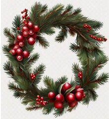 Christmas wreath Christmas fir garland, wreath with red berries. Pine wreath. Spruce new year wreath. Decorative . on transparent, png,