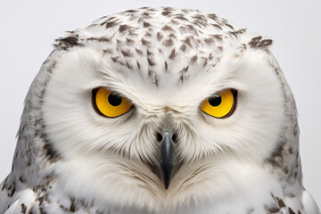 Obraz premium Snowy Owl close-up portrait on a white background.