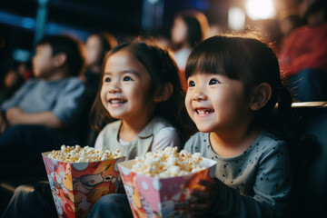 Joyful Children Sharing Popcorn at the Movies
