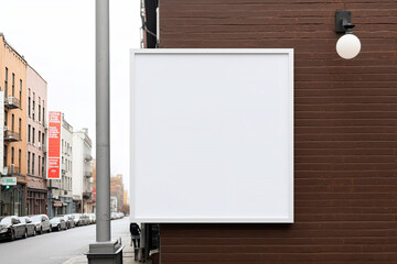 White Blank store signage or poster banner for mock up. Empty signboard of shop frontage on the street side that attach on wall, billboard in the center of city.