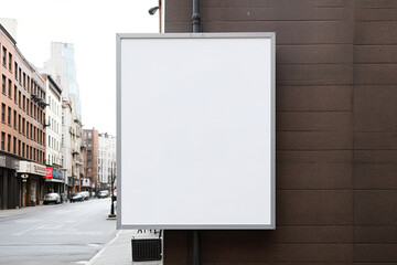 White Blank store signage or poster banner for mock up. Empty signboard of shop frontage on the...