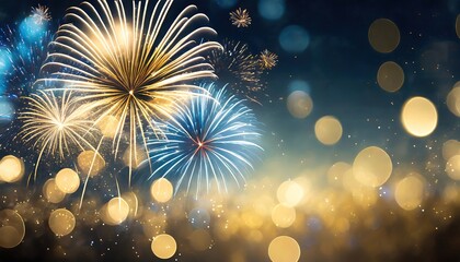 Colorful blue and gold fireworks bursting in the sky with a brilliant display of glittering sparkles - obrazy, fototapety, plakaty