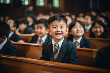 Schoolboy in Uniform Smiling During Assembly
