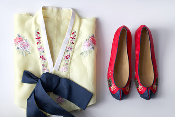 Jeogori, a type traditional Korean Hanbok and Gomusin or danghye, traditional women's Korean shoes.