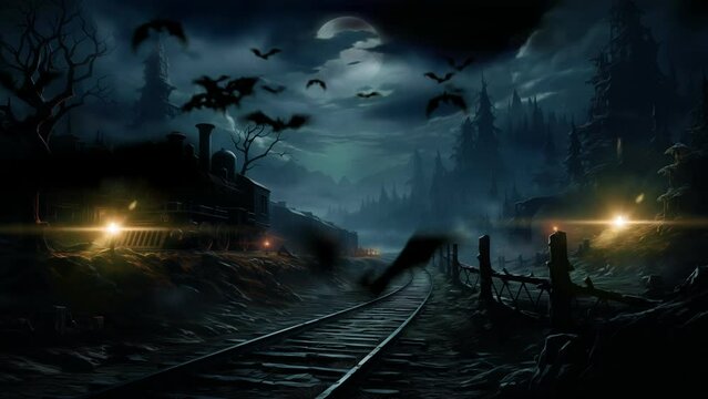 Mysterious train railroad tracks with bats flying around in the dark night 4k loop animation background