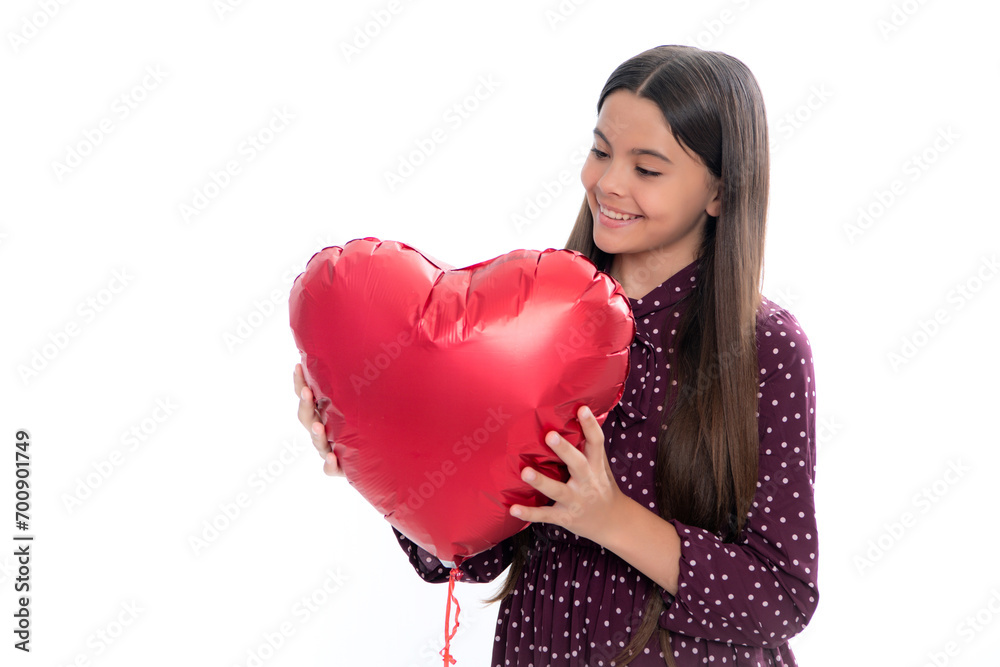 Poster young teenager child girl with heart shape. happy valentines day. love and pleasant feelings concept