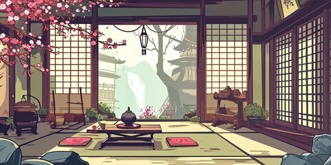 Obraz na płótnie Canvas Vintage retro video game style graphics Japan room interior, Japanese living space, generated ai