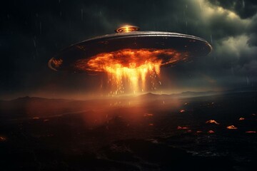 UFO descending in molten state in nocturnal atmosphere. Generative AI