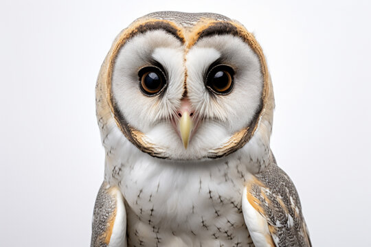 Tasmanian Masked Owl close-up portrait on a white background.