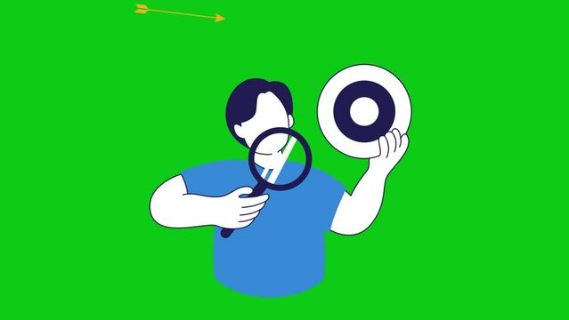 Male character holding magnifying glass to set sales target illustration animation