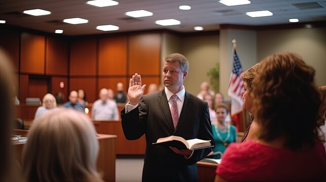 In this poignant courtroom scene, a man's resolute expression and raised hand embody his dedication to delivering honest testimony.