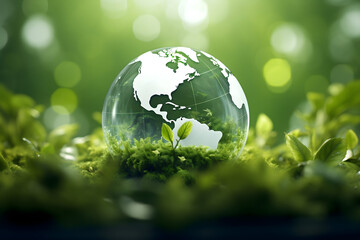 renewable energy light bulb with green energy, Earth Day or environment protection Hands protect forests that grow on the ground and help save the world, solar panels