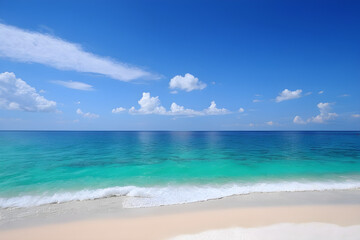 Fototapeta na wymiar Bright beach view, clear sky, blue sea, white sand beach. Generative AI