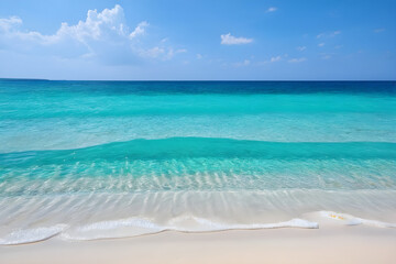 Fototapeta na wymiar Bright beach view, clear sky, blue sea, white sand beach. Generative AI