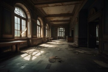 Fototapeta na wymiar Eerie allure of deserted psychiatric hospital. Generative AI