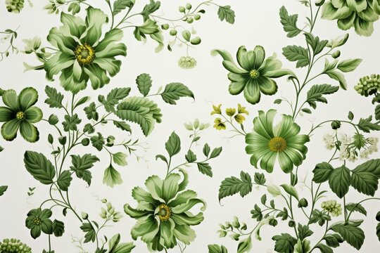 Green floral patterns on a white backdrop. Generative AI