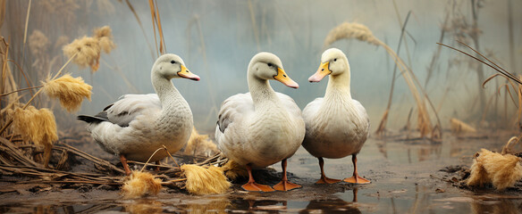 Obraz premium forest lake with a pair of white geese in vintage style for wall painting High quality photo