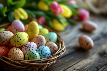 easter card, easter bunny with eggs, easter eggs and flowers, easter eggs in a basket, easter eggs and flowers on a white background, easter wall paper and background for social media