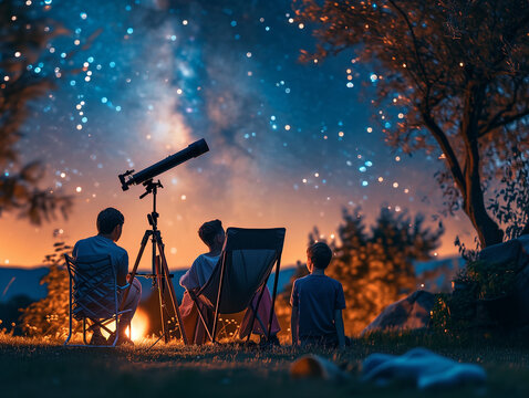 A Photo of a Family with a Teenager Stargazing in the Backyard with a Telescope