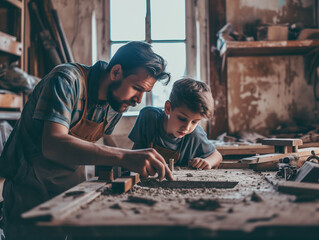 A Photo of a Father Teaching His Teenage Son Basic Home Repairs - obrazy, fototapety, plakaty