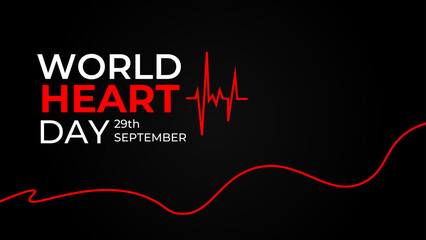 Emblem of World Heart Day with image of red heart on dark background. Medical sign on 29th of September. heart and pulse trace. suit for banner, cover, flyer, poster, backdrop, plain, texture. vector - obrazy, fototapety, plakaty