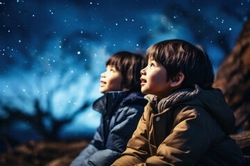 Stargazing Wonder: Two Children Embracing the Night Sky
 - obrazy, fototapety, plakaty