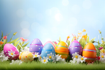 easter card, easter bunny with eggs, easter eggs and flowers, easter eggs in a basket, easter eggs and flowers on a white background, easter wall paper and background for social media