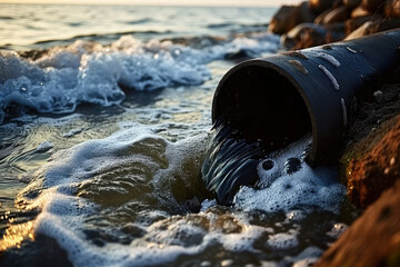 Discharge of waste through a pipe directly into water,  water pollution  - obrazy, fototapety, plakaty