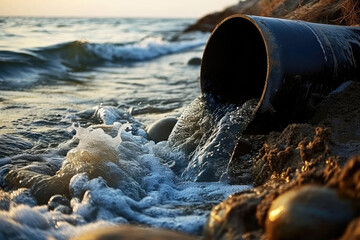 Discharge of waste through a pipe directly into water,  water pollution  - obrazy, fototapety, plakaty