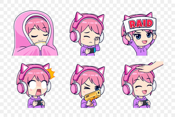 Set of anime streamer gamer girls expression stickers or badges. Vector illustration