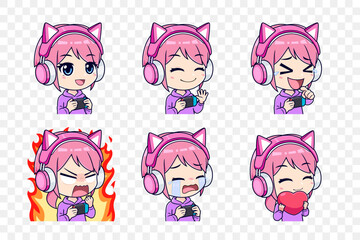 Set of pink gamer girls with face expression stickers or badges. Vector illustration