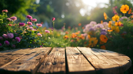 Empty round wood table. Spring colorful wildflower blurred background