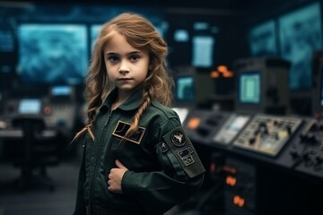 Portrait of a cute little girl in futuristic space station. Futuristic science fiction image.